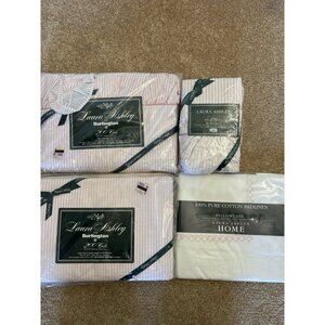 NEW VTG Laura Ashley Ticking Stripe Cal King Fitted Flat Sheet Set Burlington